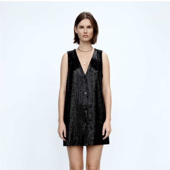 Zara Dresses & Skirts - Zara XS black sequin button-down dress.